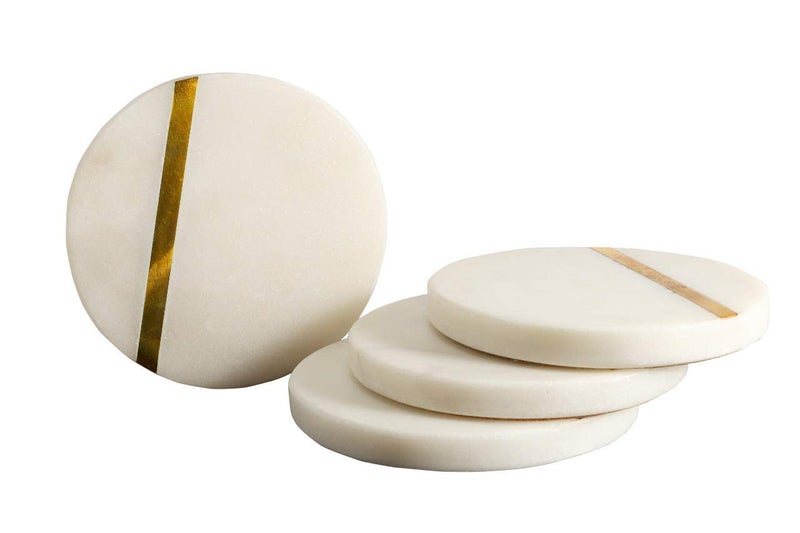 GoCraft Handcrafted White Marble Coasters with Brass Lining â€“ Set of 4 â€“ Decorative Drink Coasters for Coffee, Wine Glasses, Beverages, and Barware â€“ Durable and Elegant for Home & Office - Image 1